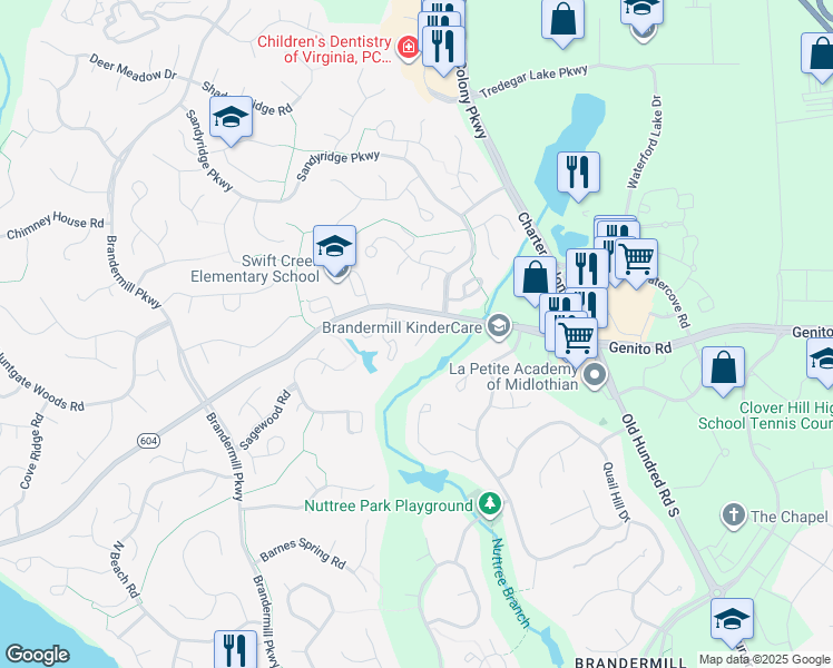 map of restaurants, bars, coffee shops, grocery stores, and more near 13825 Woodbridge Crossing Way in Midlothian