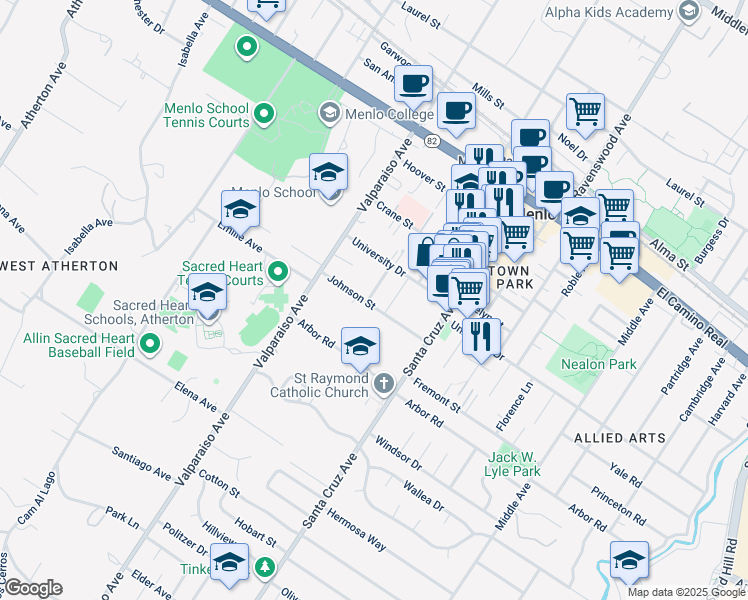 map of restaurants, bars, coffee shops, grocery stores, and more near 1226 Johnson Street in Menlo Park