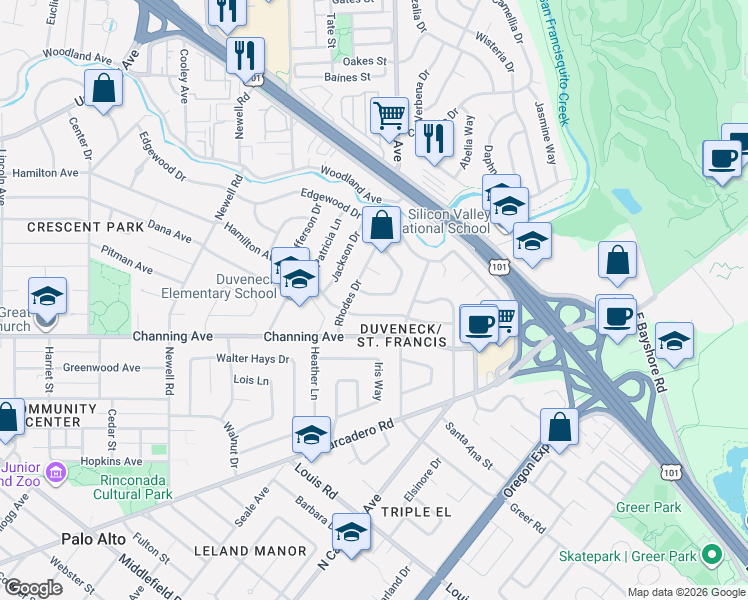 map of restaurants, bars, coffee shops, grocery stores, and more near 559 Hilbar Lane in Palo Alto
