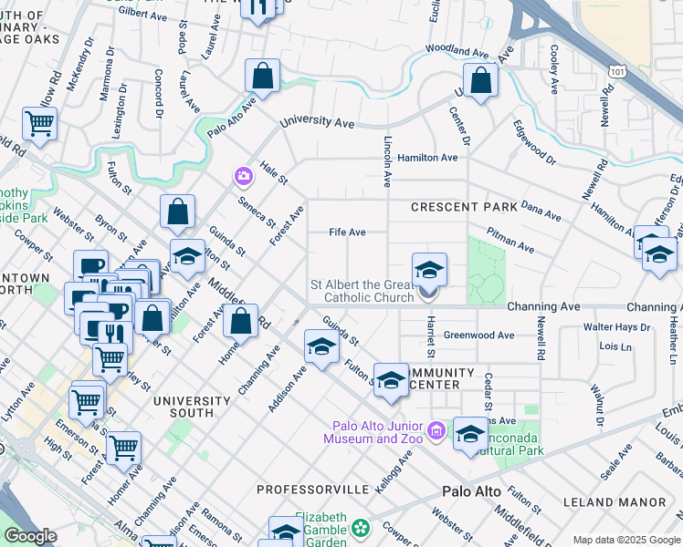 map of restaurants, bars, coffee shops, grocery stores, and more near 943 Addison Avenue in Palo Alto
