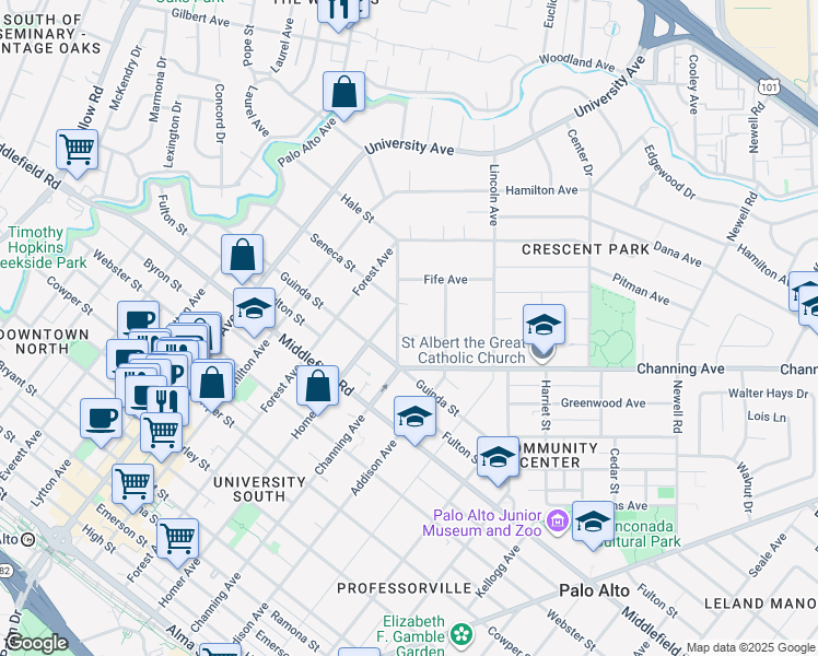 map of restaurants, bars, coffee shops, grocery stores, and more near 842 Boyce Avenue in Palo Alto
