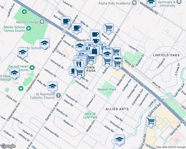 map of restaurants, bars, coffee shops, grocery stores, and more near 742 Live Oak Avenue in Menlo Park