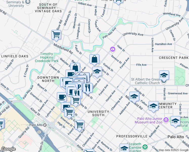 map of restaurants, bars, coffee shops, grocery stores, and more near in Palo Alto