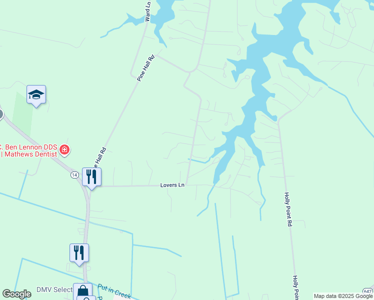 map of restaurants, bars, coffee shops, grocery stores, and more near 607 Lovers Lane in Mathews
