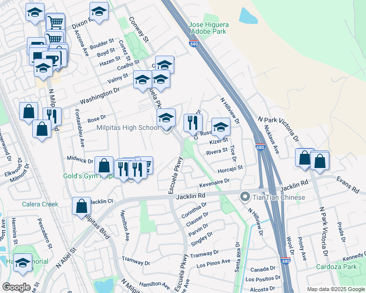 map of restaurants, bars, coffee shops, grocery stores, and more near Hetch Hetchy Trail in Milpitas
