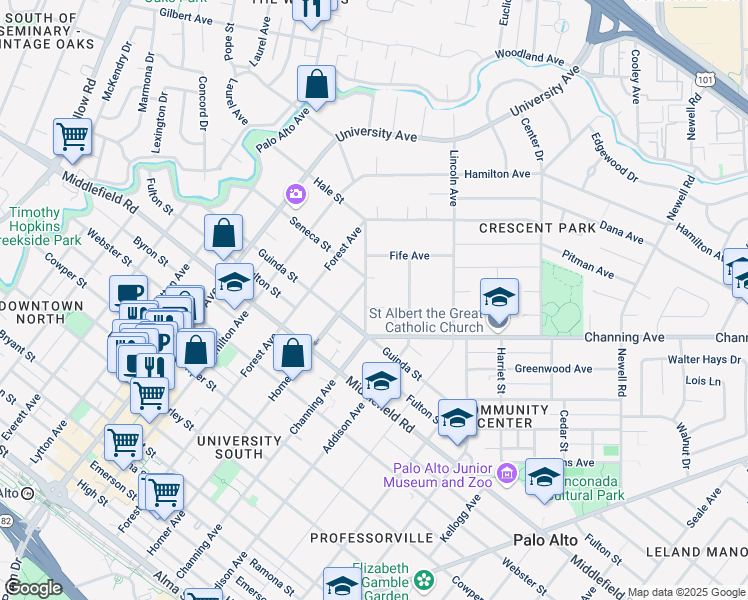 map of restaurants, bars, coffee shops, grocery stores, and more near 842 Boyce Avenue in Palo Alto