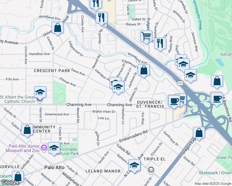 map of restaurants, bars, coffee shops, grocery stores, and more near 705 Alester Avenue in Palo Alto
