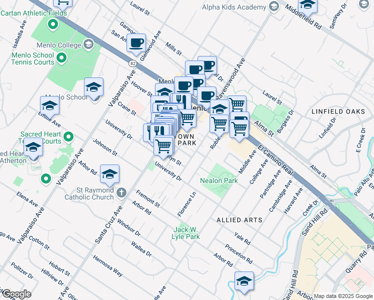 map of restaurants, bars, coffee shops, grocery stores, and more near 950 Crane Street in Menlo Park