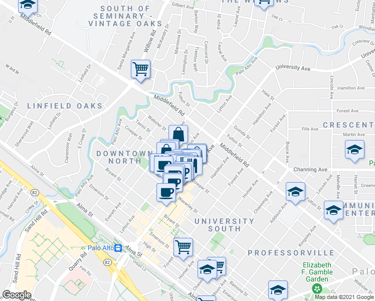 map of restaurants, bars, coffee shops, grocery stores, and more near 330 Everett Court in Palo Alto