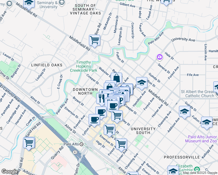 map of restaurants, bars, coffee shops, grocery stores, and more near 521 Everett Avenue in Palo Alto