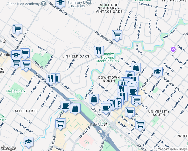 map of restaurants, bars, coffee shops, grocery stores, and more near 320 Palo Alto Avenue in Palo Alto
