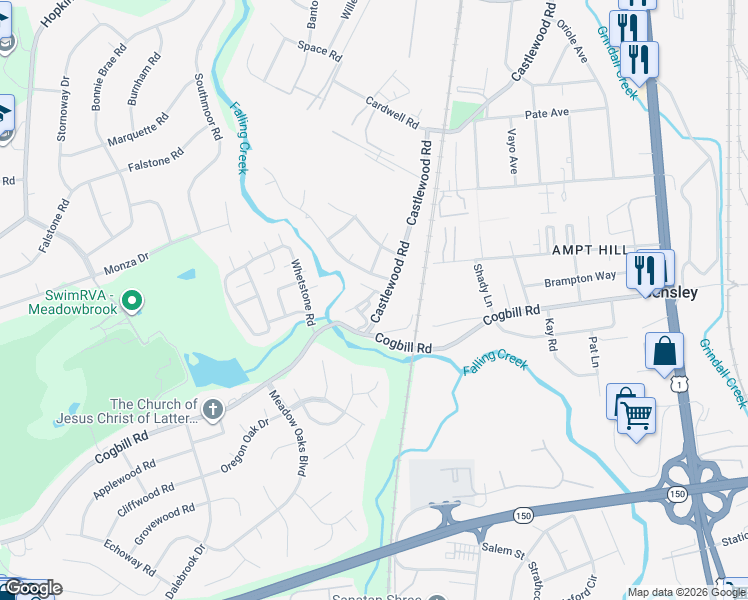 map of restaurants, bars, coffee shops, grocery stores, and more near 3205 Shady Creek Road in Richmond