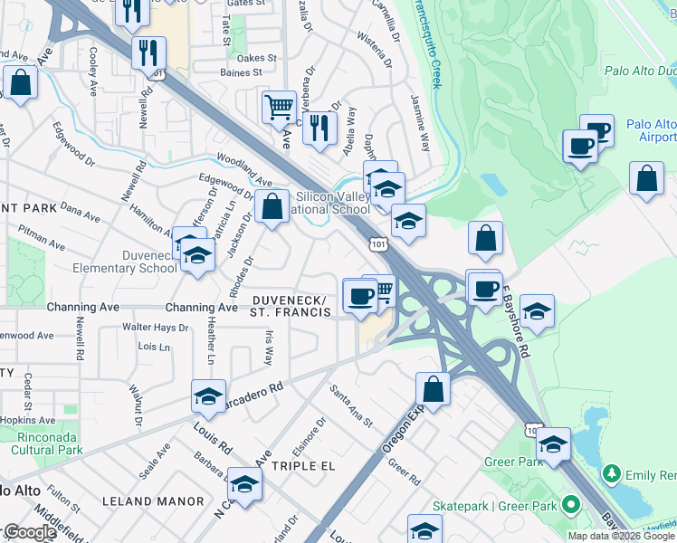 map of restaurants, bars, coffee shops, grocery stores, and more near 653 Wildwood Lane in Palo Alto