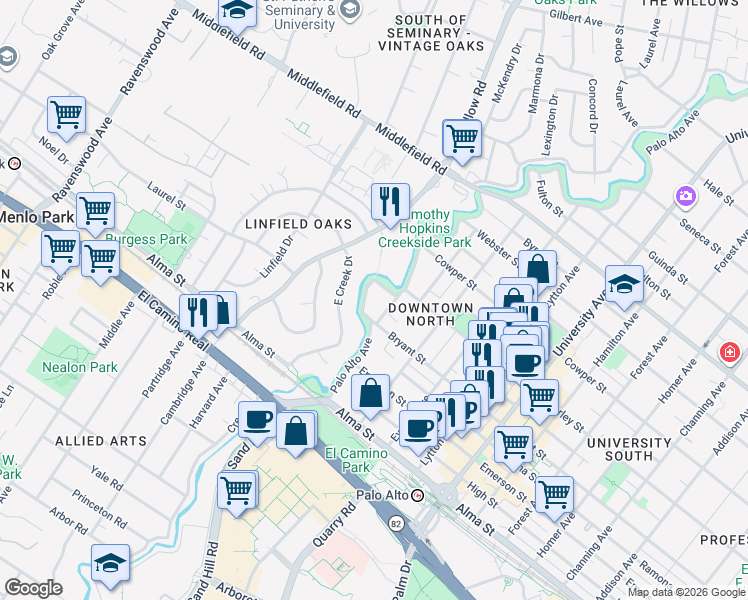 map of restaurants, bars, coffee shops, grocery stores, and more near 320 Palo Alto Avenue in Palo Alto