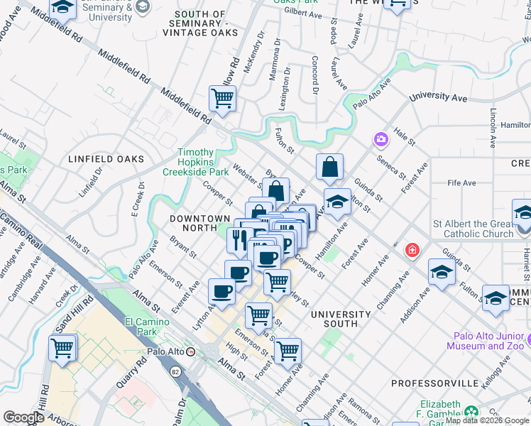 map of restaurants, bars, coffee shops, grocery stores, and more near 543 Everett Court in Palo Alto