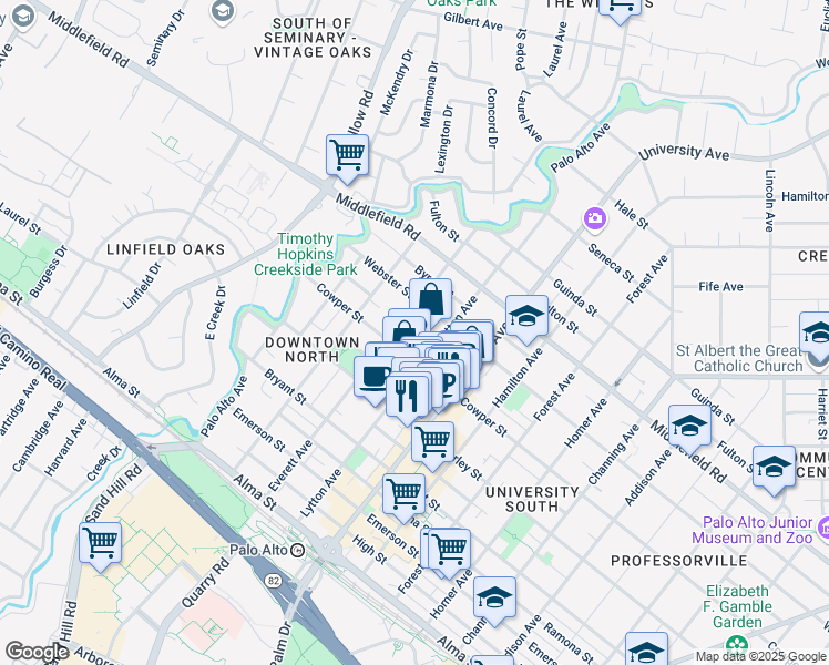 map of restaurants, bars, coffee shops, grocery stores, and more near 543 Everett Court in Palo Alto