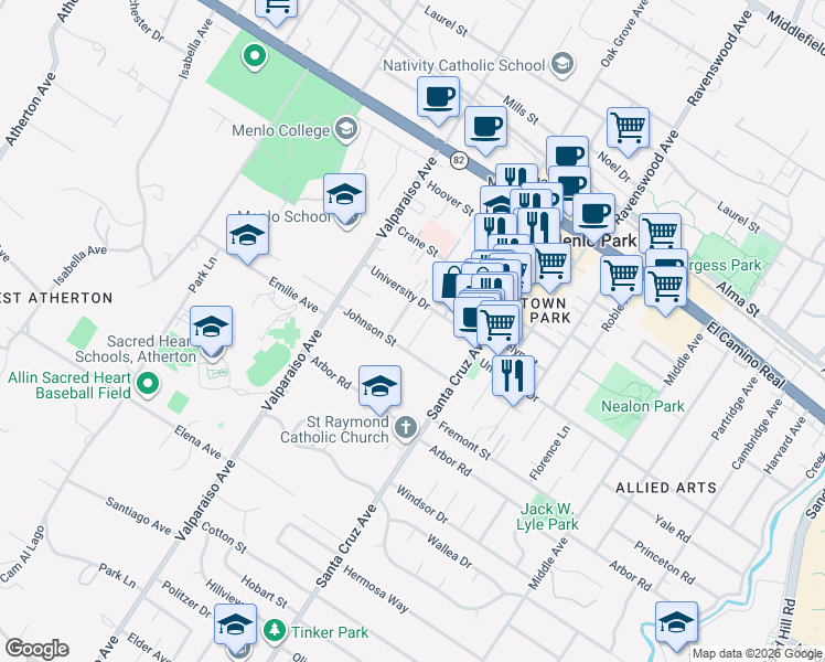 map of restaurants, bars, coffee shops, grocery stores, and more near 922 Millie Avenue in Menlo Park