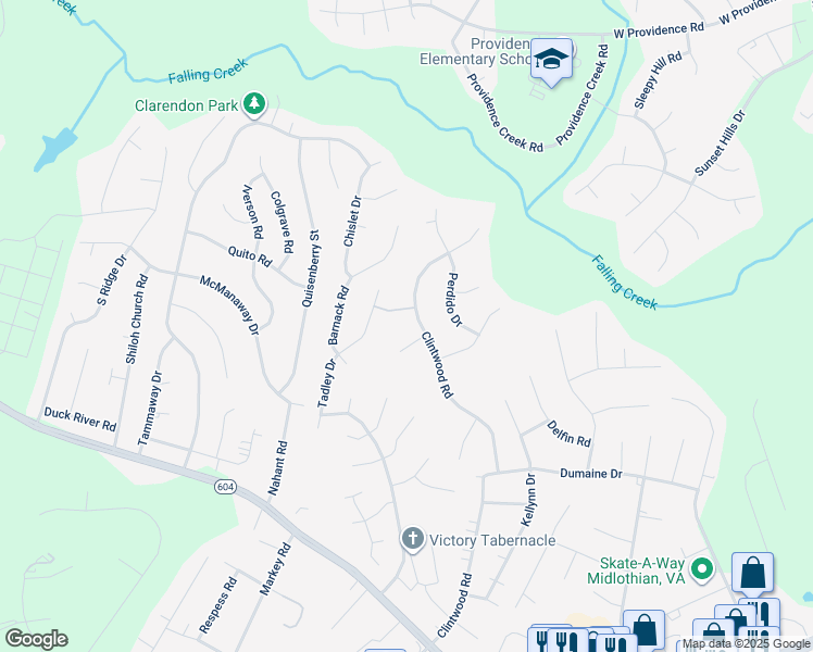 map of restaurants, bars, coffee shops, grocery stores, and more near 2810 Clintwood Rd in Chesterfield