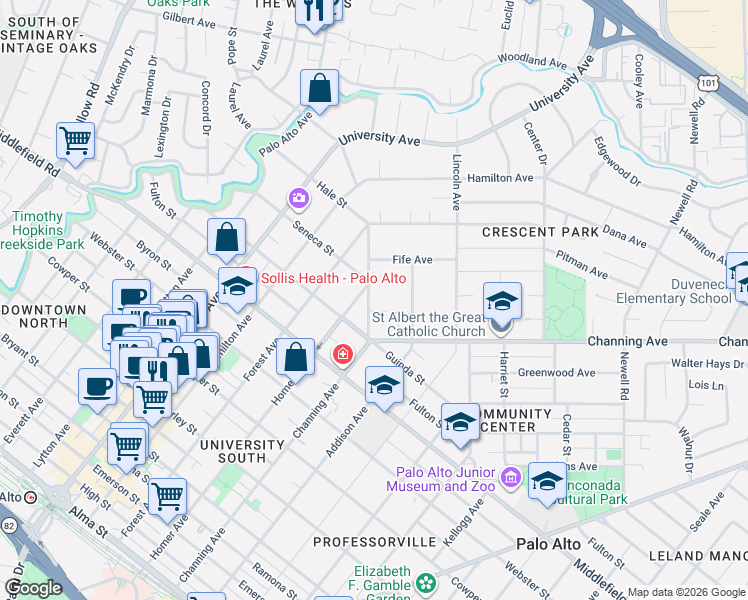 map of restaurants, bars, coffee shops, grocery stores, and more near 853 Homer Avenue in Palo Alto