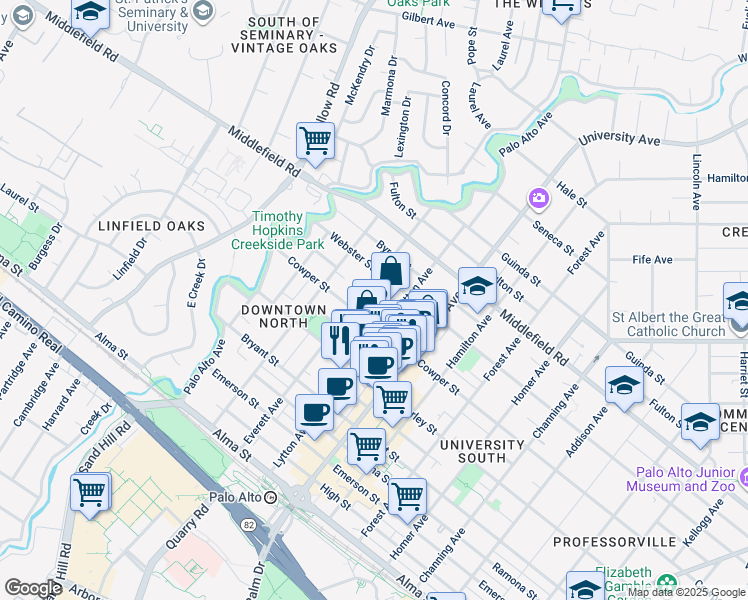 map of restaurants, bars, coffee shops, grocery stores, and more near 521 Everett Avenue in Palo Alto