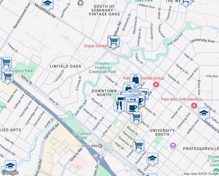 map of restaurants, bars, coffee shops, grocery stores, and more near 428 Ruthven Avenue in Palo Alto