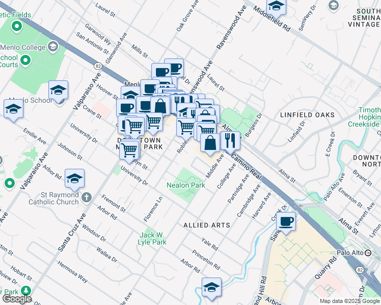 map of restaurants, bars, coffee shops, grocery stores, and more near 685 Roble Avenue in Menlo Park