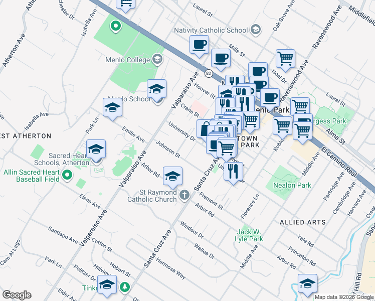 map of restaurants, bars, coffee shops, grocery stores, and more near 922 Millie Avenue in Menlo Park