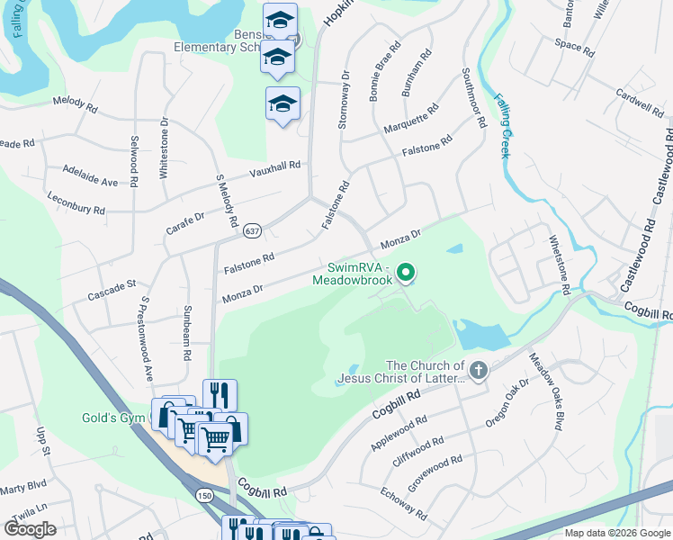 map of restaurants, bars, coffee shops, grocery stores, and more near 3831 Monza Drive in Richmond