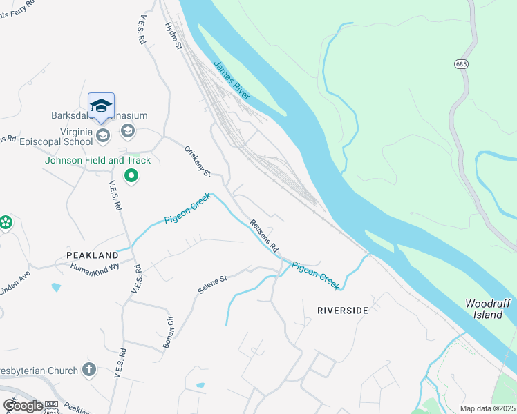 map of restaurants, bars, coffee shops, grocery stores, and more near 680 Reusens Road in Lynchburg