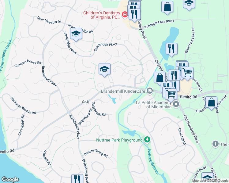 map of restaurants, bars, coffee shops, grocery stores, and more near 2886 Woodbridge Crossing Court in Midlothian