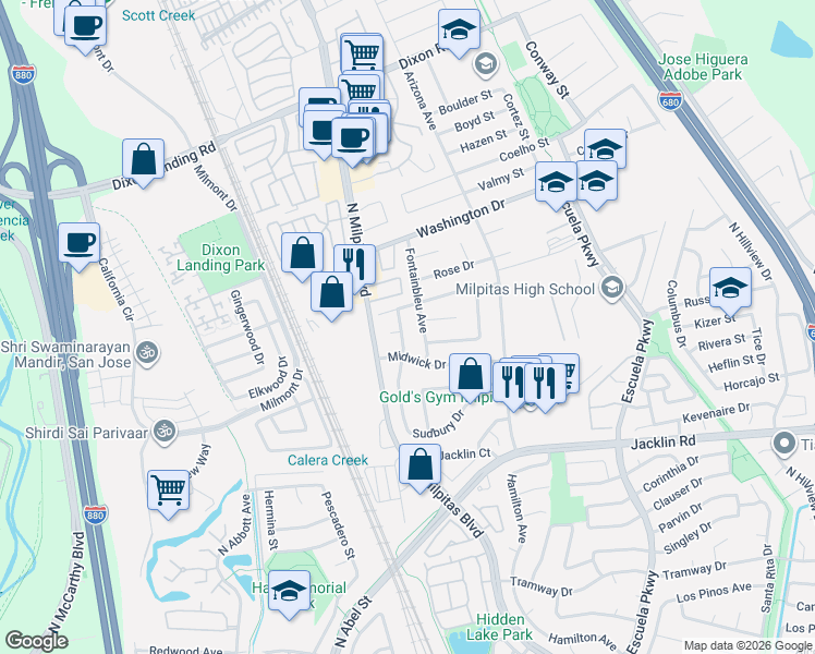 map of restaurants, bars, coffee shops, grocery stores, and more near 1311 Fontainbleu Avenue in Milpitas