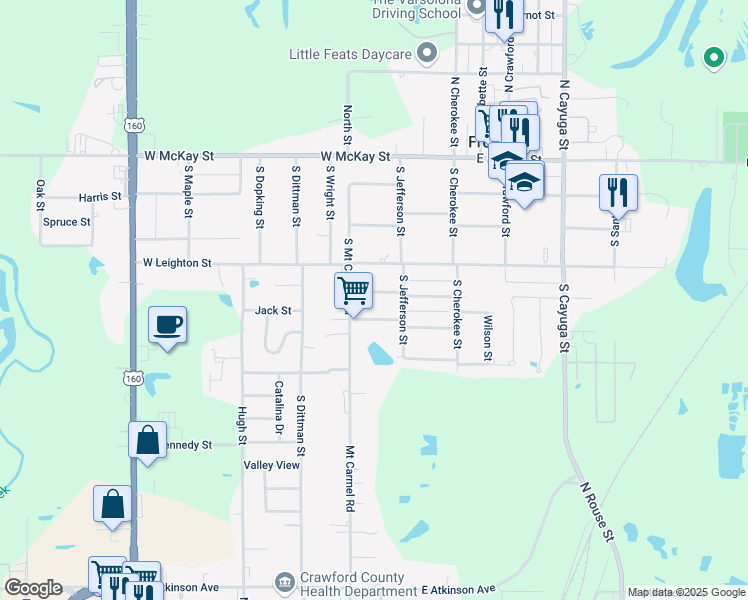 map of restaurants, bars, coffee shops, grocery stores, and more near 211 West Washington Street in Frontenac