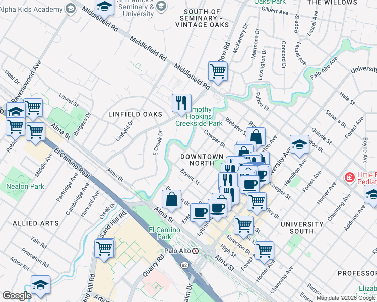 map of restaurants, bars, coffee shops, grocery stores, and more near 2 Waverley Street in Palo Alto
