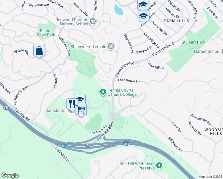 map of restaurants, bars, coffee shops, grocery stores, and more near 4000 Farm Hill Boulevard in Redwood City