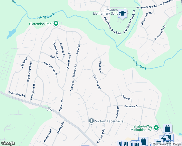 map of restaurants, bars, coffee shops, grocery stores, and more near 2810 Clintwood Rd in Chesterfield