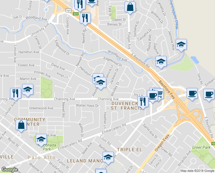 map of restaurants, bars, coffee shops, grocery stores, and more near Hamilton Avenue & Jackson Drive in Palo Alto