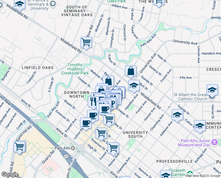 map of restaurants, bars, coffee shops, grocery stores, and more near 573 Lytton Avenue in Palo Alto