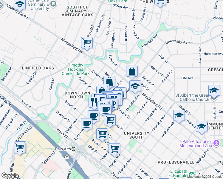map of restaurants, bars, coffee shops, grocery stores, and more near 573 Lytton Avenue in Palo Alto