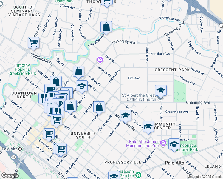 map of restaurants, bars, coffee shops, grocery stores, and more near 737 Guinda Street in Palo Alto