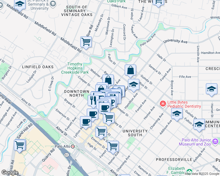 map of restaurants, bars, coffee shops, grocery stores, and more near 573 Lytton Avenue in Palo Alto