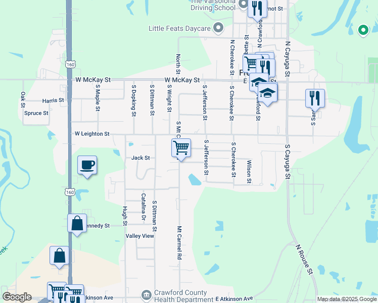 map of restaurants, bars, coffee shops, grocery stores, and more near 211 West Washington Street in Frontenac