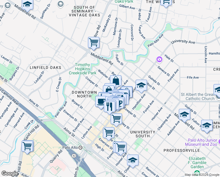 map of restaurants, bars, coffee shops, grocery stores, and more near 538 Everett Avenue in Palo Alto