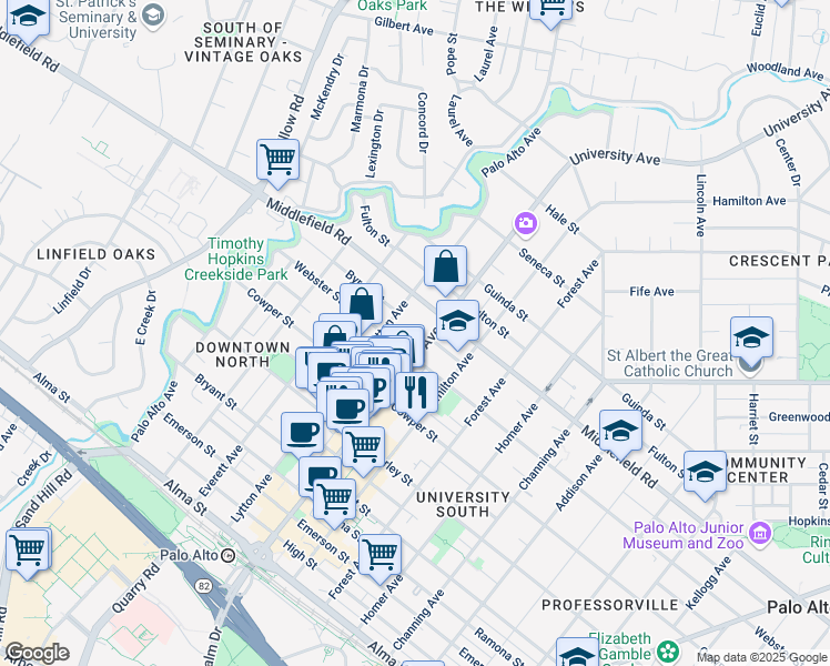 map of restaurants, bars, coffee shops, grocery stores, and more near 630 Lytton Avenue in Palo Alto
