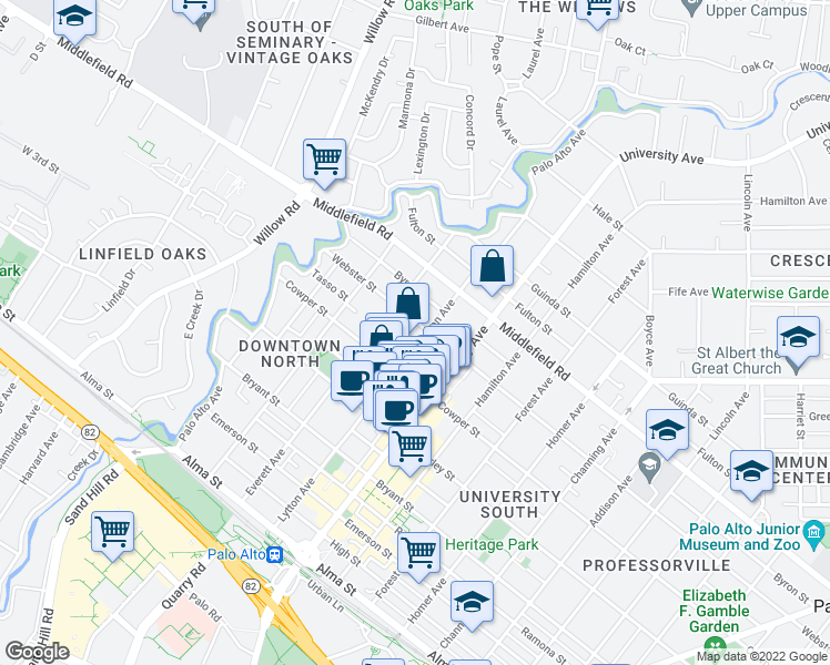 map of restaurants, bars, coffee shops, grocery stores, and more near 330 Everett Court in Palo Alto