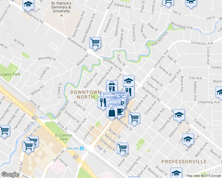 map of restaurants, bars, coffee shops, grocery stores, and more near 521 Everett Avenue in Palo Alto