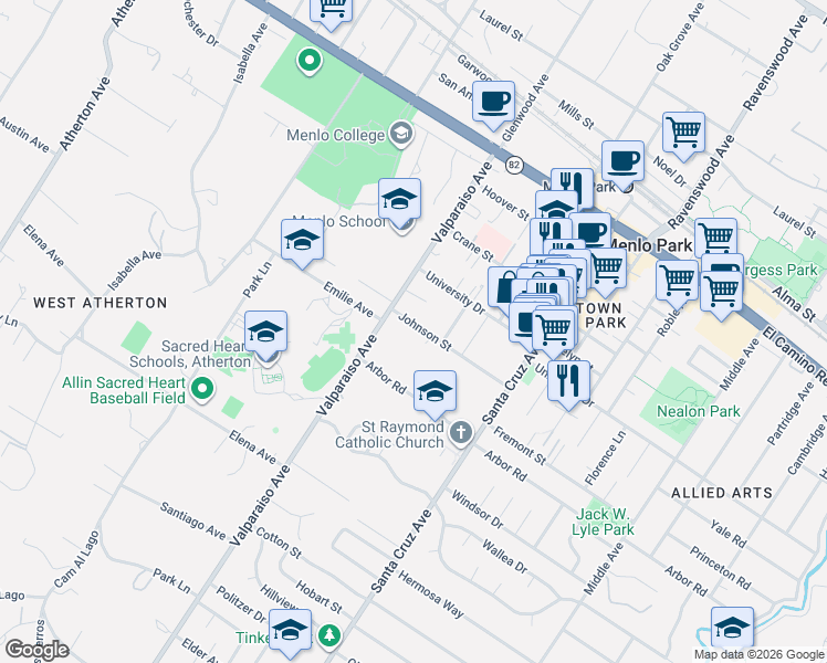 map of restaurants, bars, coffee shops, grocery stores, and more near 1001 Valparaiso Avenue in Menlo Park