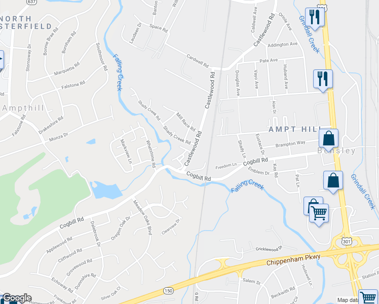 map of restaurants, bars, coffee shops, grocery stores, and more near 3205 Shady Creek Road in Richmond