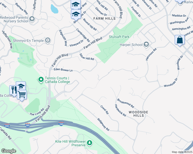 map of restaurants, bars, coffee shops, grocery stores, and more near 490 Las Pulgas Drive in Woodside