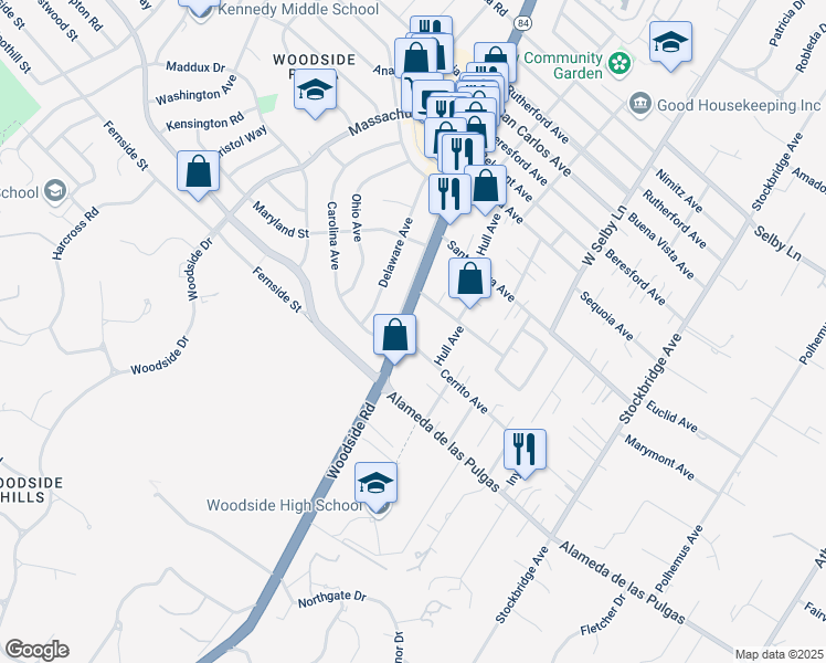 map of restaurants, bars, coffee shops, grocery stores, and more near 1963 Woodside Road in Redwood City