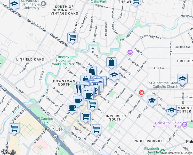 map of restaurants, bars, coffee shops, grocery stores, and more near Lytton Ave & Webster St in Palo Alto